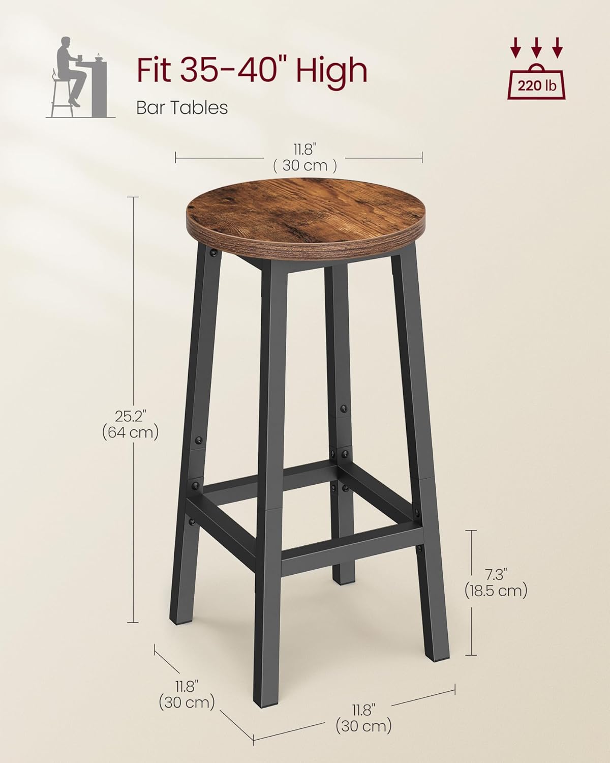 VASAGLE Bar Stools, Set of 2 Bar Chairs, Steel Frame, 25.2 Inch Tall, for Kitchen Dining, Easy Assembly, Industrial Design, Rustic Brown and Black ULBC32X