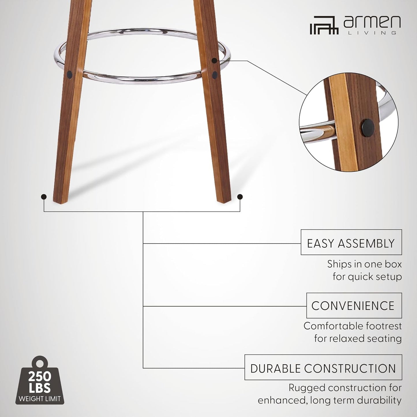 Armen Living Shelly 26" Counter Height Swivel Cream Faux Leather and Walnut Wood Bar Stool - Set of 4