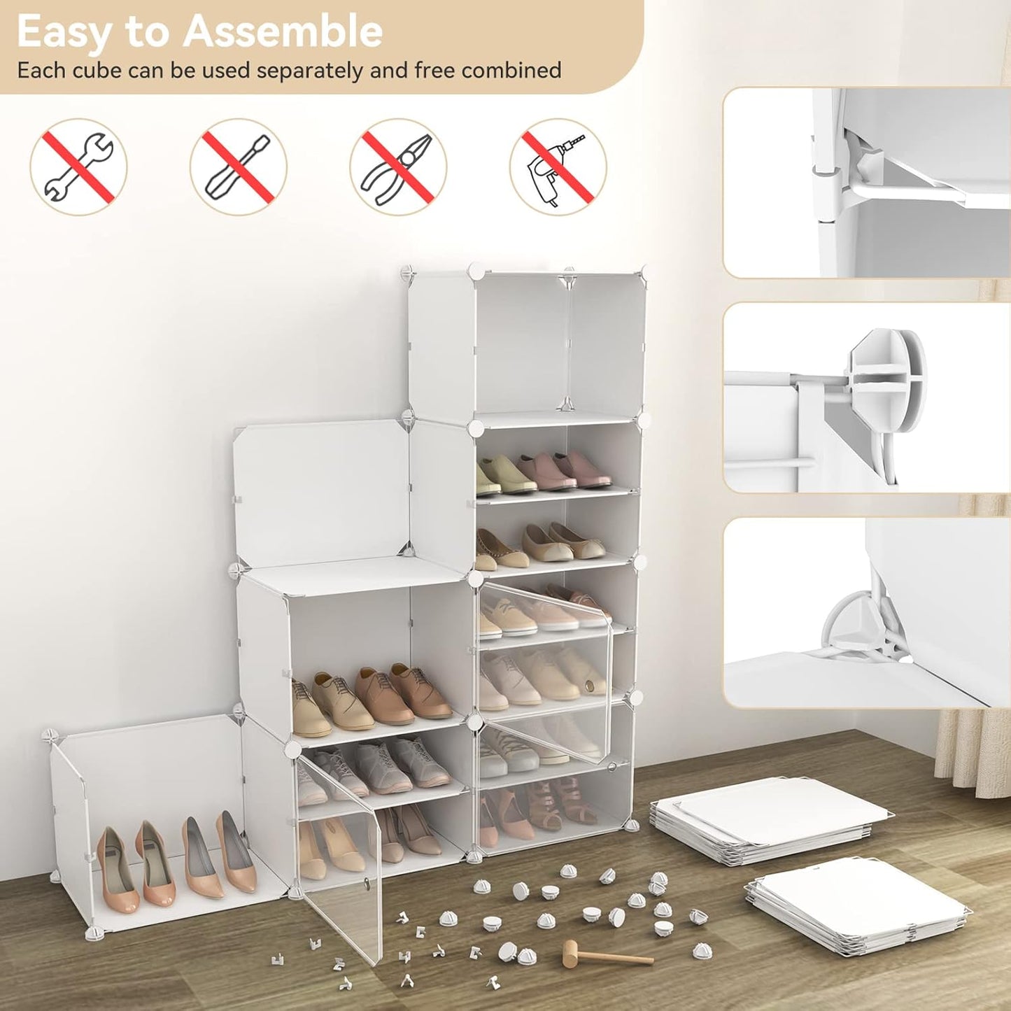 Portable Shoe Rack Organizer with Door, 48 Pairs Storage Cabinet Easy Assembly, Plastic Adjustable Stackable Detachable Free Standing DIY Expandable 8 Tier White, (NNF-XJ-012)