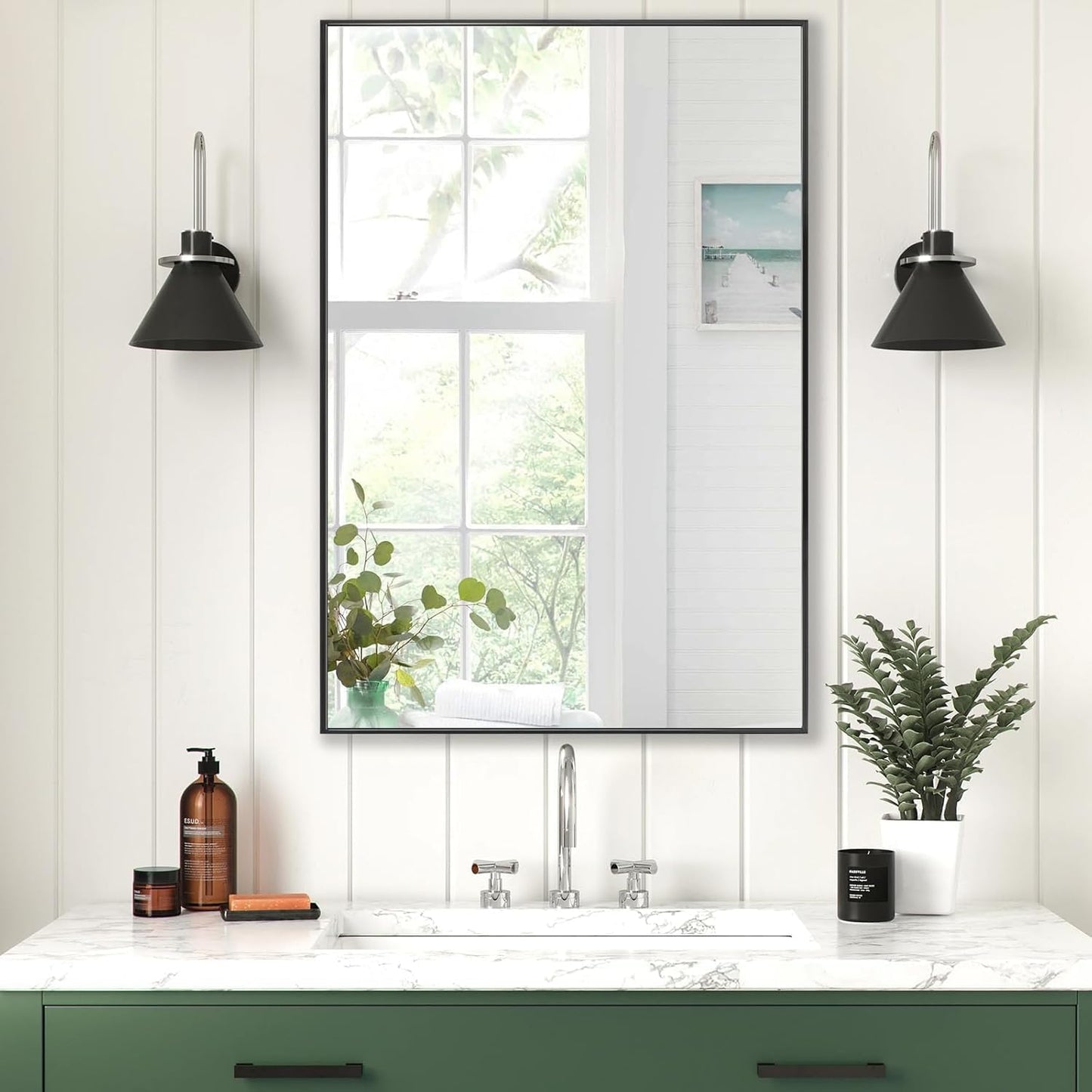 30x36 Inch Black Bathroom Mirror, Copper-Free Mirror, Aluminum Alloy Frame Vanity Rectangle Wall Mounted Modern Mirror for Bedroom/Living Room/Porch Horizontal or Vertical