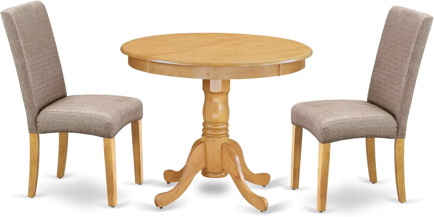 East West Furniture ANDR3-OAK-16 3 Piece Dining Table Set Contains a Round Kitchen Table with Pedestal and 2 Dark Khaki Linen Fabric Upholstered Kitchen Chairs, 36x36 Inch, Oak
