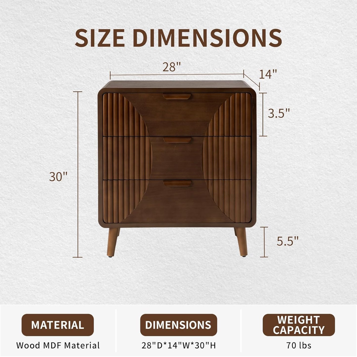COSIEST Walnut Accent Cabinet with 3 Drawers, Sideboard Buffet Cabinet for Entryway, Living Room, Bedroom (Brown, Stripe Pattern)