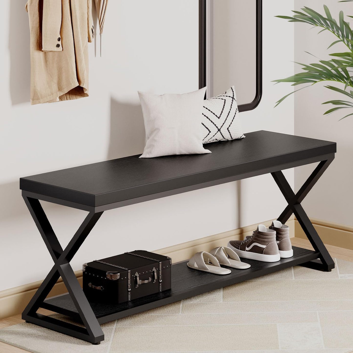 IBF Black Bench, Modern Entryway Bench for Bedroom, Wood Metal Storage Hallway Bench for Dining Living Room, Farmhouse Shoe Rack Indoor Accent Seating Bench for Foyer Entrance, Black Oak, 47 Inch Long