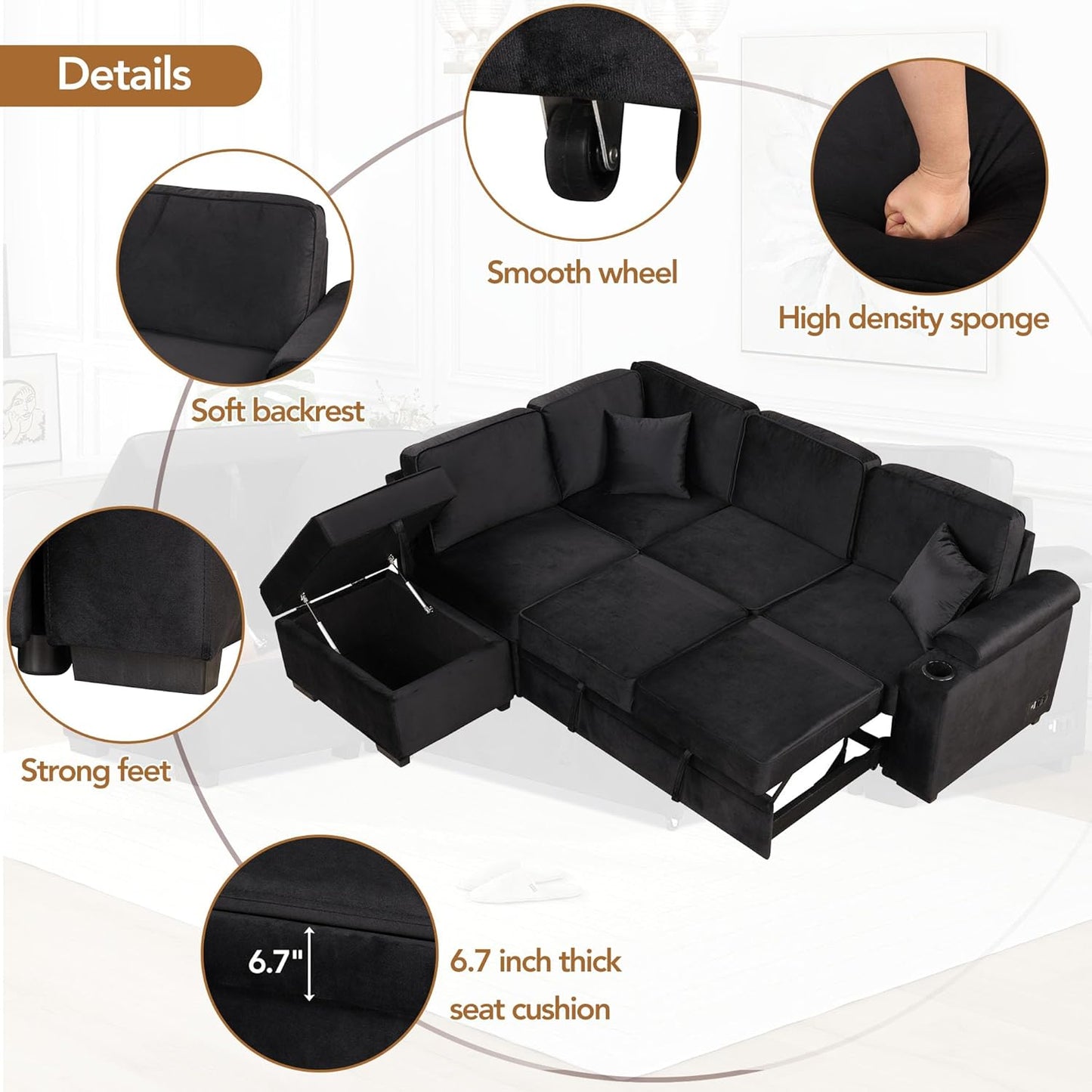Ball & Cast 84" Convertible Sectional Sofa Bed,L-Shaped Sleeper Couch w/Storage Ottoman,Cup Holder and Charging Stations,Put Out Sofas w/Chaise,for Living Room and Small Apartment,Black
