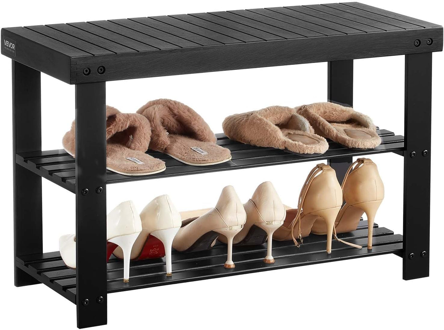 VEVOR Shoe Rack Bench, 3-Tier Bamboo Entryway Bench, Shoe Storage Organizer Holds Up to 286 lbs, 27.6 x 11.3 x 17.8 Inches, for Front Door, Hallway, Living Room, Bedroom, Black