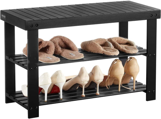 VEVOR Shoe Rack Bench, 3-Tier Bamboo Entryway Bench, Shoe Storage Organizer Holds Up to 286 lbs, 27.6 x 11.3 x 17.8 Inches, for Front Door, Hallway, Living Room, Bedroom, Black