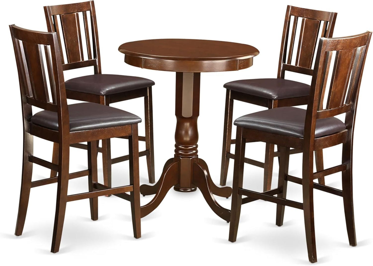 East West Furniture EDBU5-MAH-LC 5 Piece Counter Height Pub Set Includes a Round Dining Table with Pedestal and 4 Faux Leather Upholstered Kitchen Chairs, 30x30 Inch, Mahogany