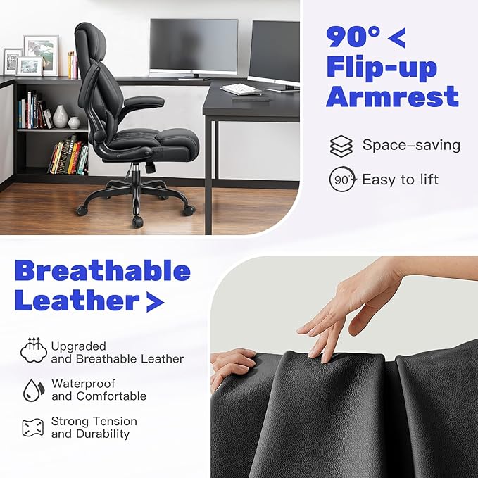 High Back Executive Office Chair - Ergonomic Computer Desk with Rocking Function, Leather Managerial with Adjustable Flip-Up Armrests and Lumbar Support