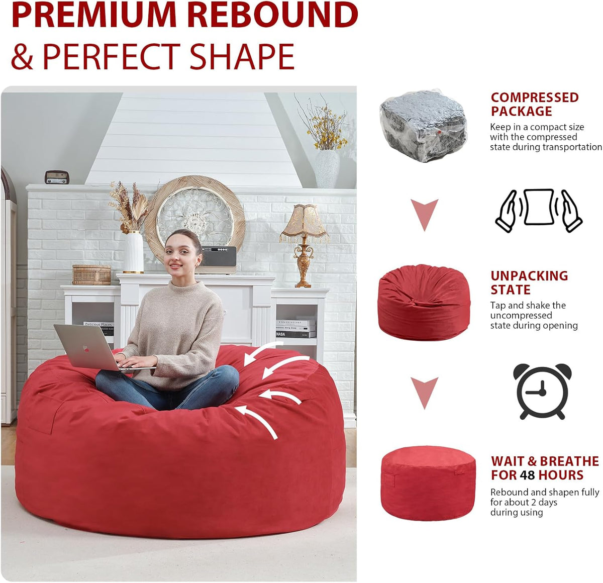 4FT Bean Bag Chair, Large Bean Bag Chairs with Memory Foam Filled, Fluffy Beanbag Sofa with Dutch Velvet Cover, Round BeanBag Chairs for Living Room, Playroom - Red