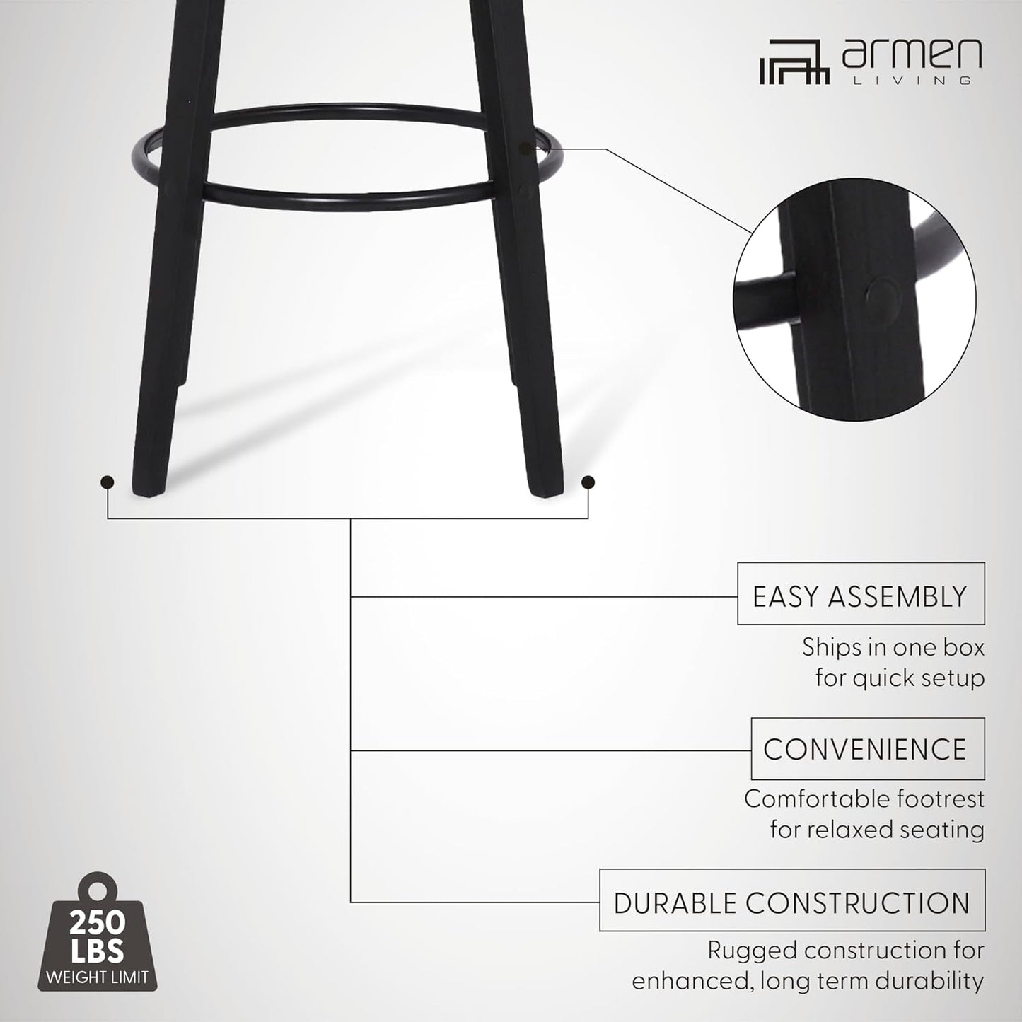 Armen Living Shelly 30" Bar Height Swivel Gray Faux Leather and Black Wood Bar Stool - Set of 2