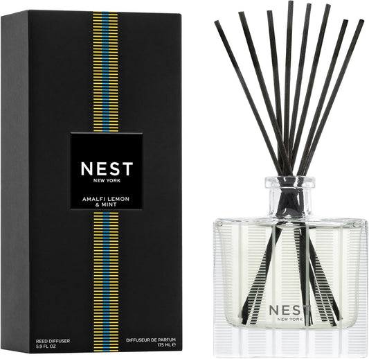 NEST New York Reed Diffuser, Amalfi Lemon & Mint - 5.9 fl oz - Fragrance for Up to 90 Days - Reusable, Refillable Glass Holder - Includes 8 All-Natural Reed Sticks - Flame Free