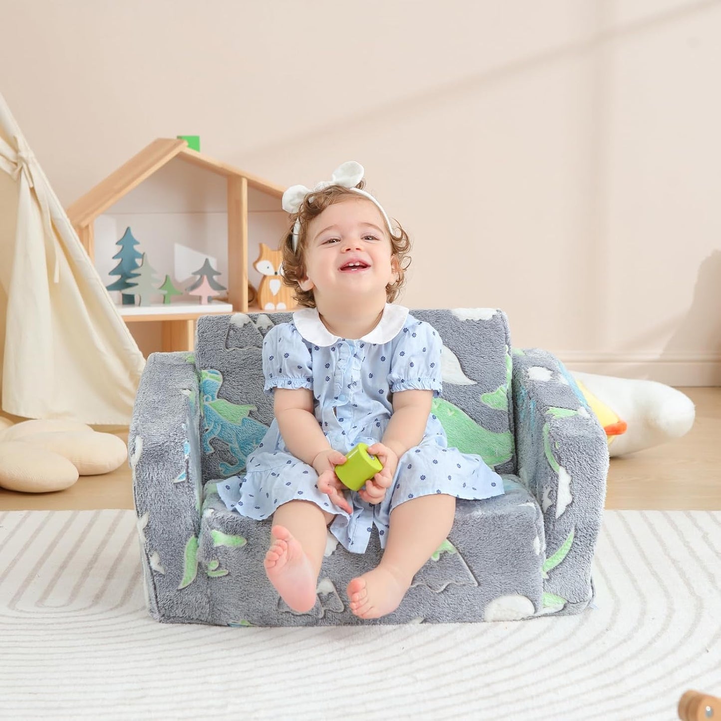 Toddler Couch Fold Out, Foldable Kids Couch with Blanket, Flip Out Toddler Chair, Foam Sofa for Girls & Boys, Convertible Sofa to Lounger for Children Age 1-3 (Glow Dino Grey)