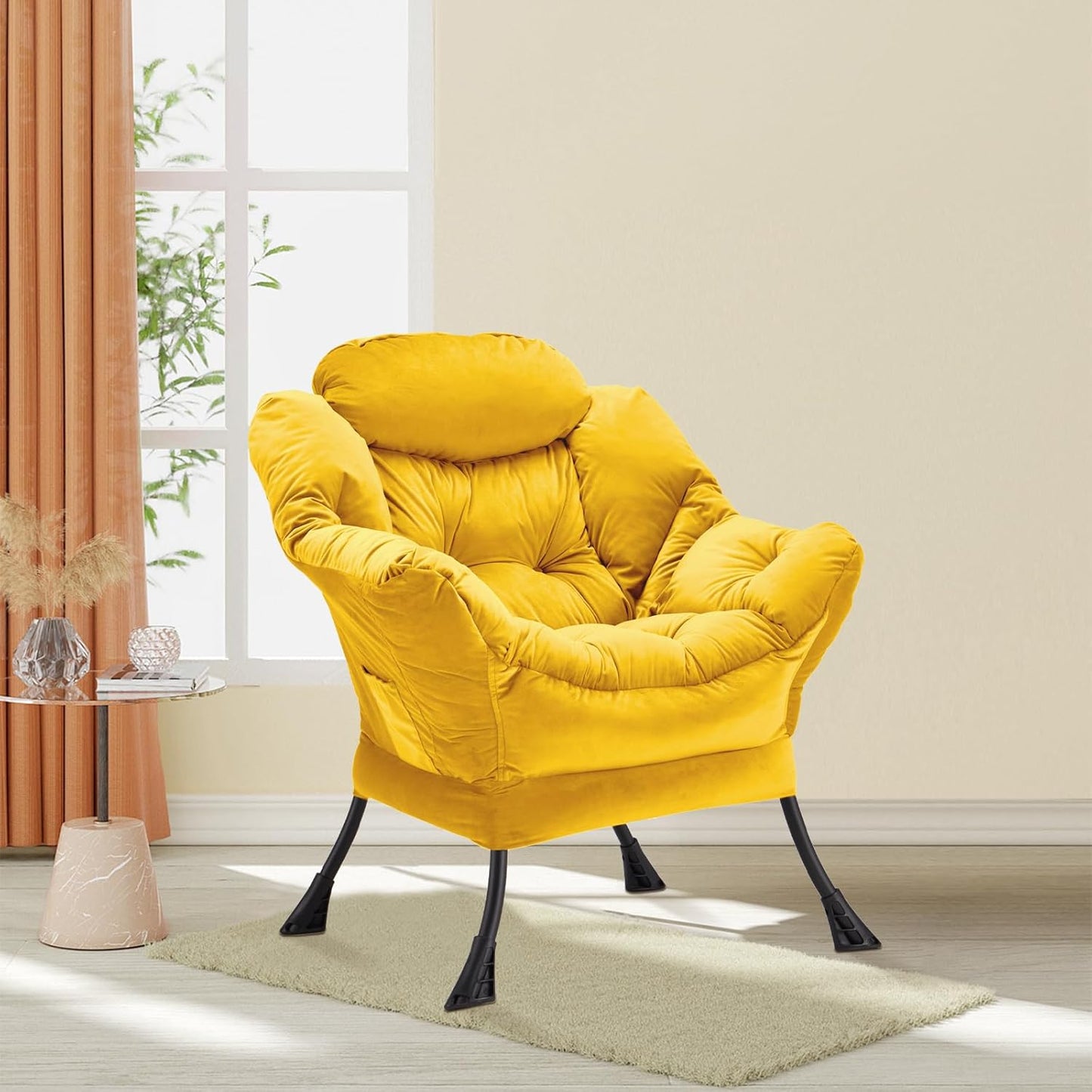 Lazy Chair Thick Padded, Comfy Velvet Accent Lounge Chair with Stable Frame, Leisure Sofa Armchair with Armrests and Side Pocket, Reading Chair for Bedroom, Living Room, Office, Yellow