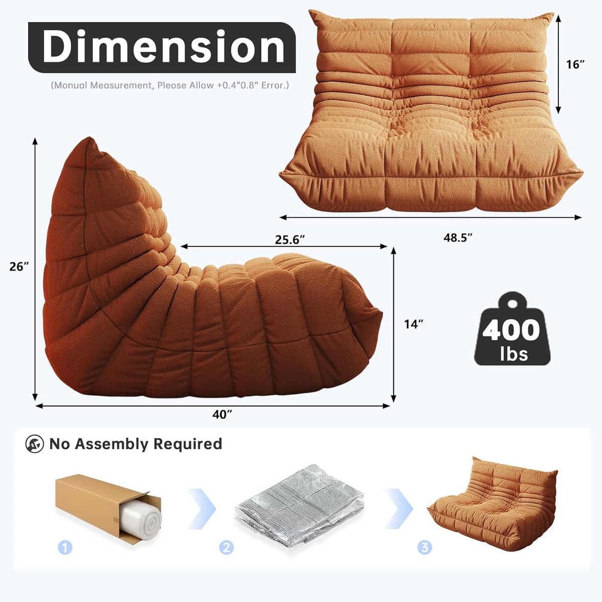 Bean Bag Chairs for Adults, Memory Foam Couch Loveseat Sofa Chair, Soft Teddy Material Cozy Comfy Reading Nook Chairs, Floor Chair for Living Room Bedroom Office