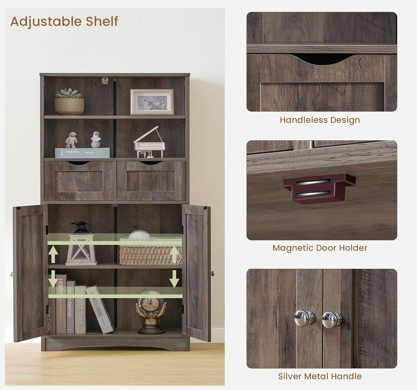 Iwell Tall Storage Cabinet with 2 Drawers & Adjustable Shelf, Bathroom Cabinet with Doors, Kitchen Pantry Storage Cabinets, Cupboard for Living Room, Dining Room, Entryway, Rustic Gray