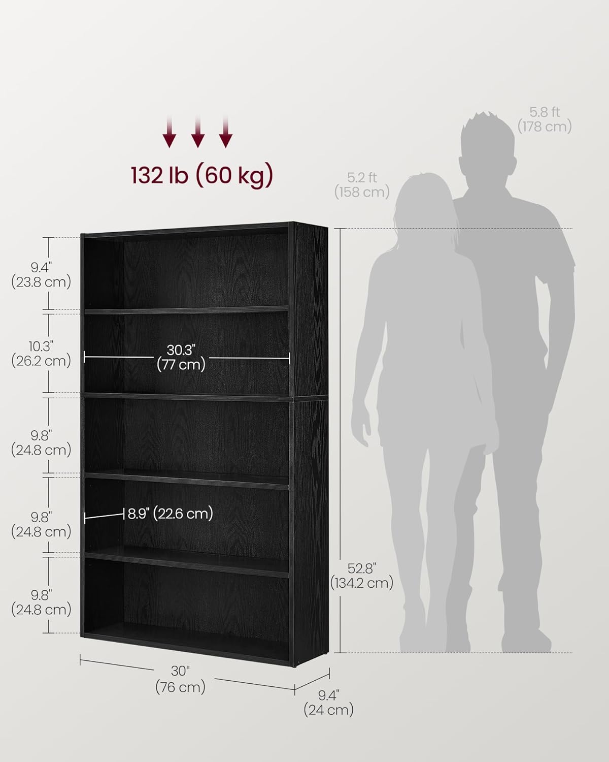 VASAGLE Custos Collection - Bookshelf, 5-Tier Bookcase, Book Shelf, Open Storage Shelf, 9.4 x 30 x 52.8 Inches, for Living Room, Home Office, Dinning Room, Ebony Black ULBC175T56