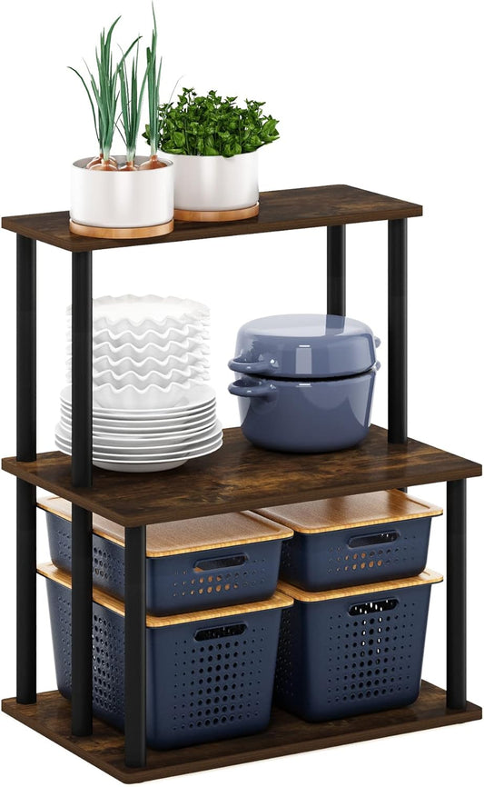 Furinno Turn-N-Tube 3-Tier Toolless Kitchen Storage Shelf, Amber Pine/Black