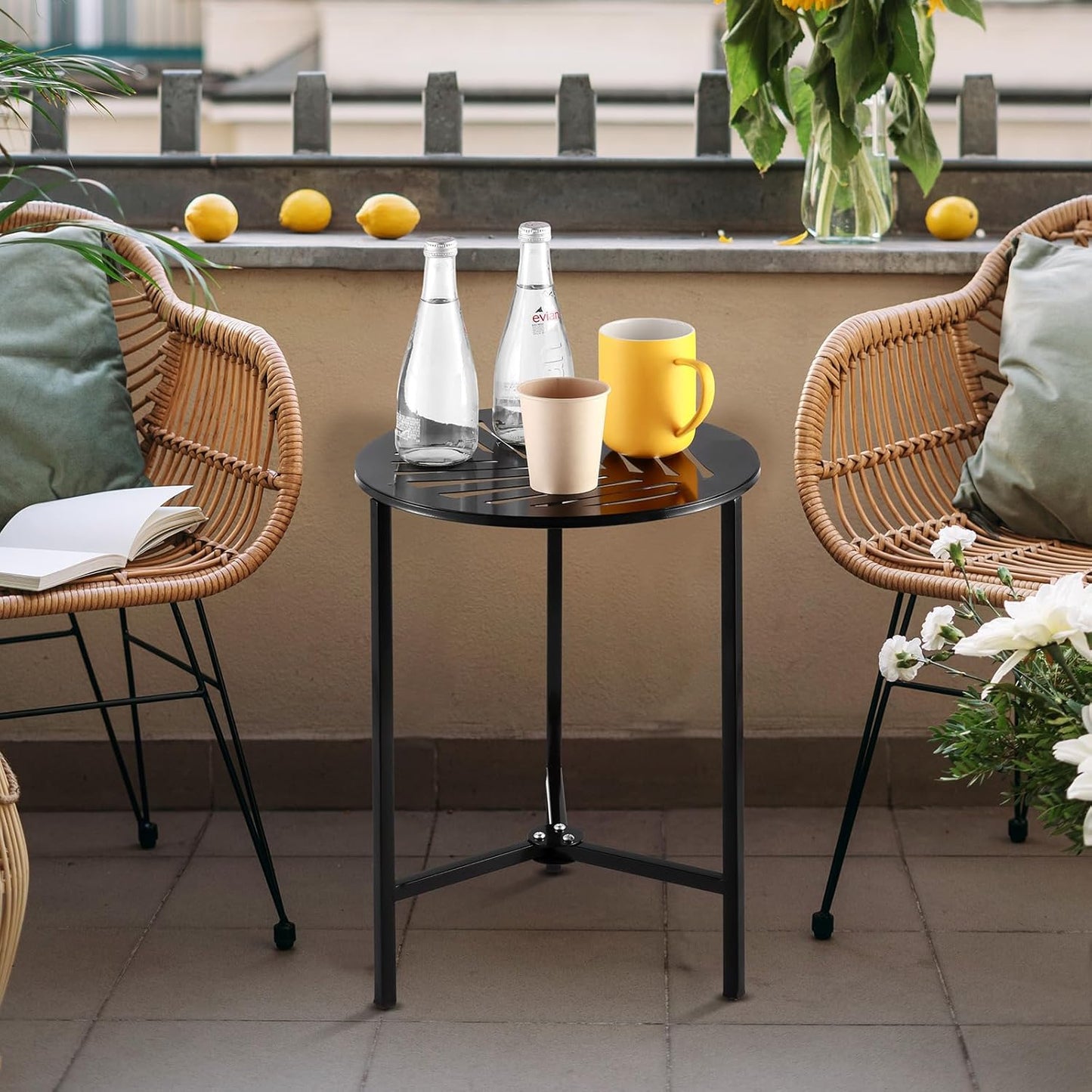 1 Packs 13" Metal Outdoor Side Tables Small Black Outside End Table for Patio Round Accent Corner Stand for Small Spaces Weather-Resistant Coffee Table for Balcony Porch Plant Stand, Leaf