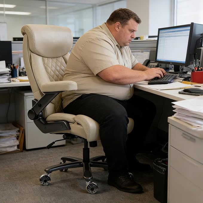 DYHOME 700LBS Heavy Duty Office Chair with 4d Armrest, Big and Tall Office Chair, Ergonomic Computer Chair with Airbag Lumbar Support, Wider Thicker Seat Cushion, PU Comfy Office Desk Chairs, Beige