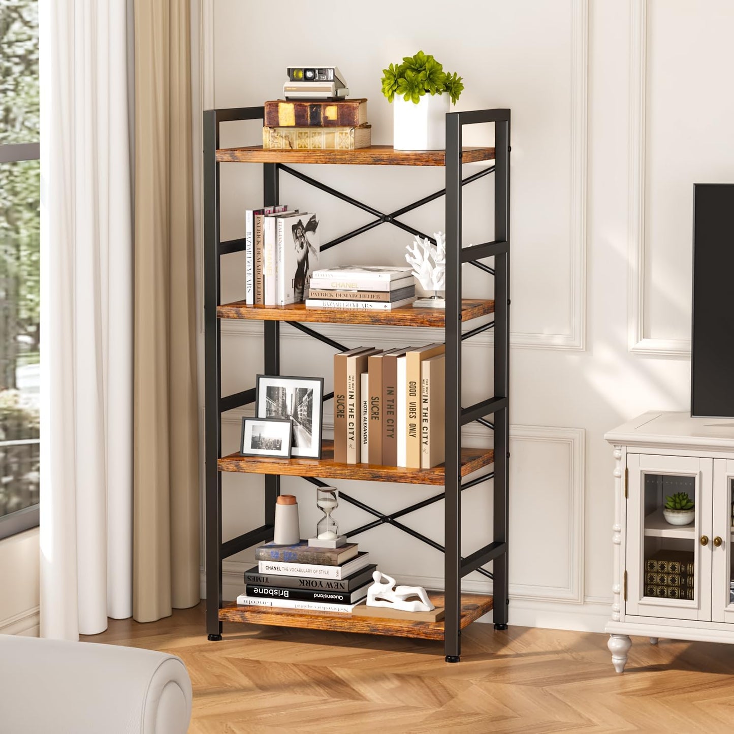 Homeiju Bookshelf, 4 Tier Small Bookcase, Organizers and Storage, Metal Small Bookcase, Rustic Book Shelf Organization and Storage for Living Room, Bedroom, and Home Office(Rustic Brown)