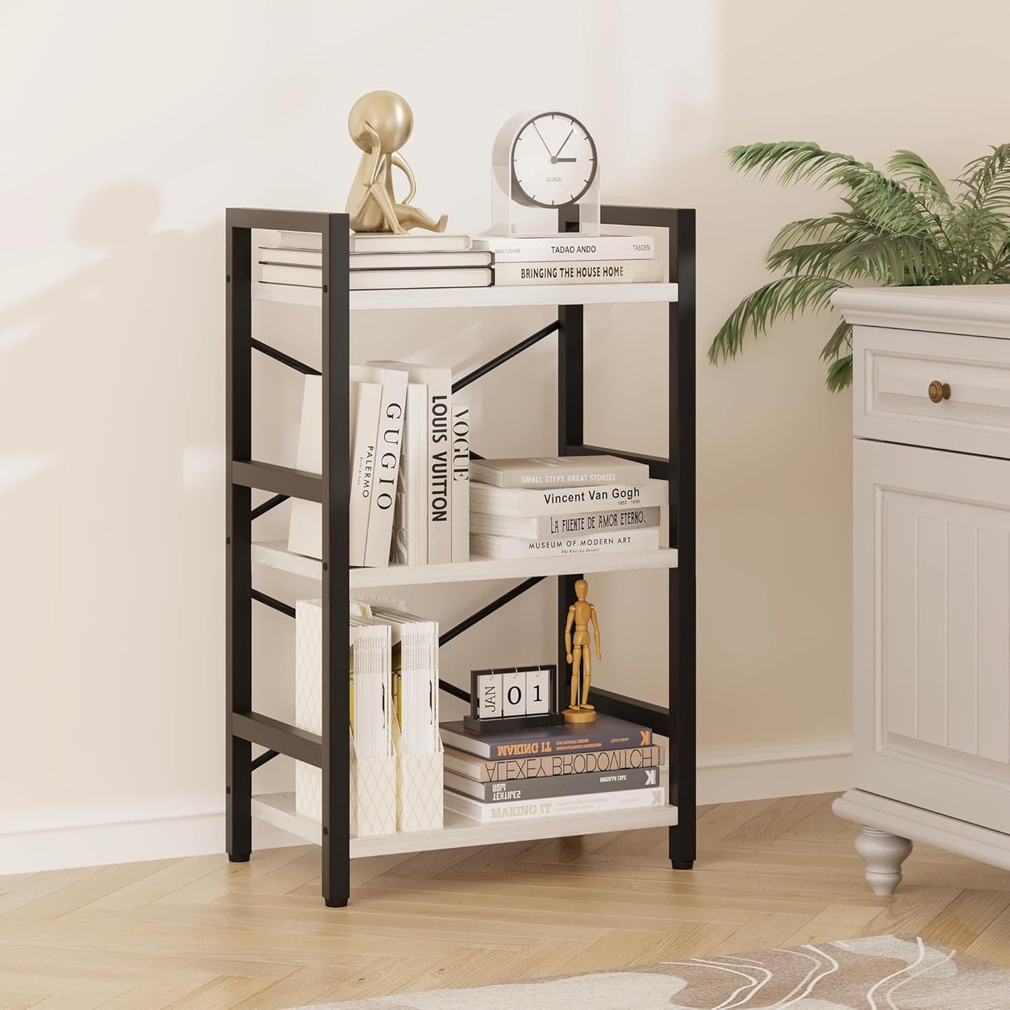 Homeiju Bookshelf, 3 Tier Industrial Bookcase, Metal Small Bookcase, Rustic Etagere Book Shelf Storage Organizer for Living Room, Bedroom, and Home Office(White) Patent Pending D29873033