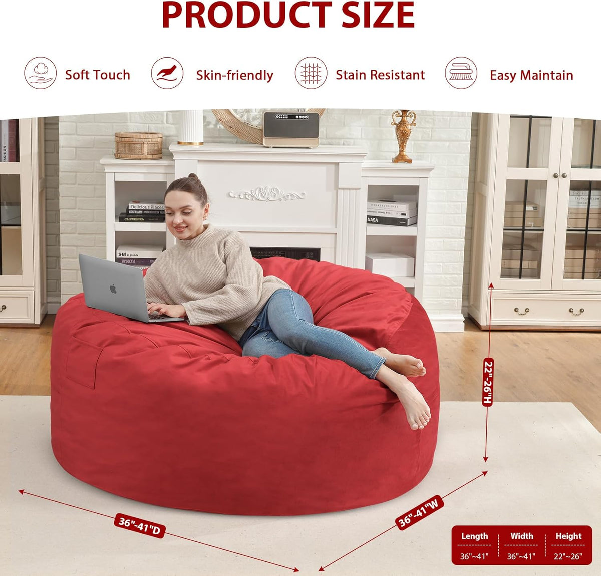 3FT Bean Bag Chair, Comfy Bean Bag Chairs with Memory Foam Filled, Fluffy Beanbag Sofa with Dutch Velvet Cover, Round BeanBag Chairs for Living Room, Playroom - Red