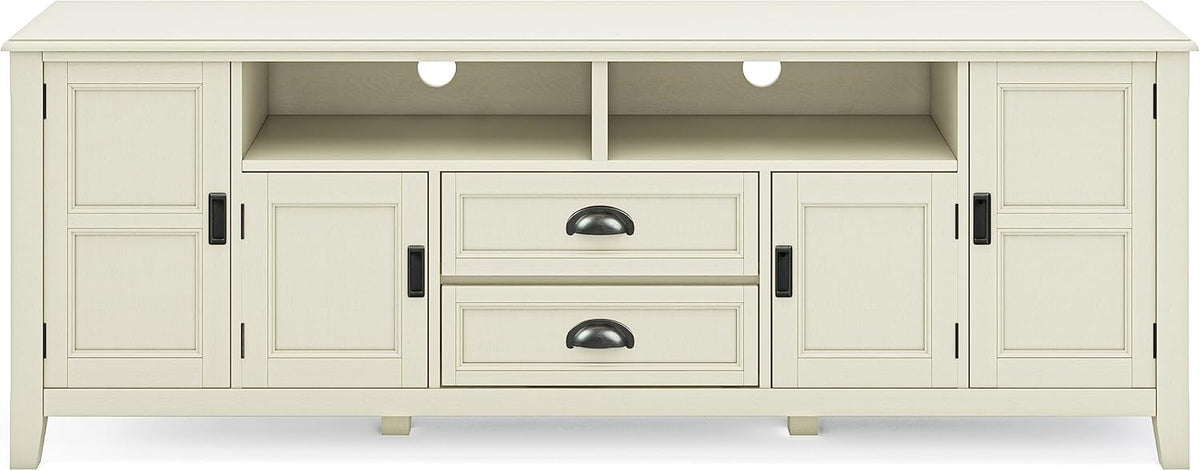 SIMPLIHOME Burlington SOLID WOOD 72 Inch Wide Transitional TV Media Stand in Antique White for TVs up to 80 Inches, For the Living Room and Entertainment Center