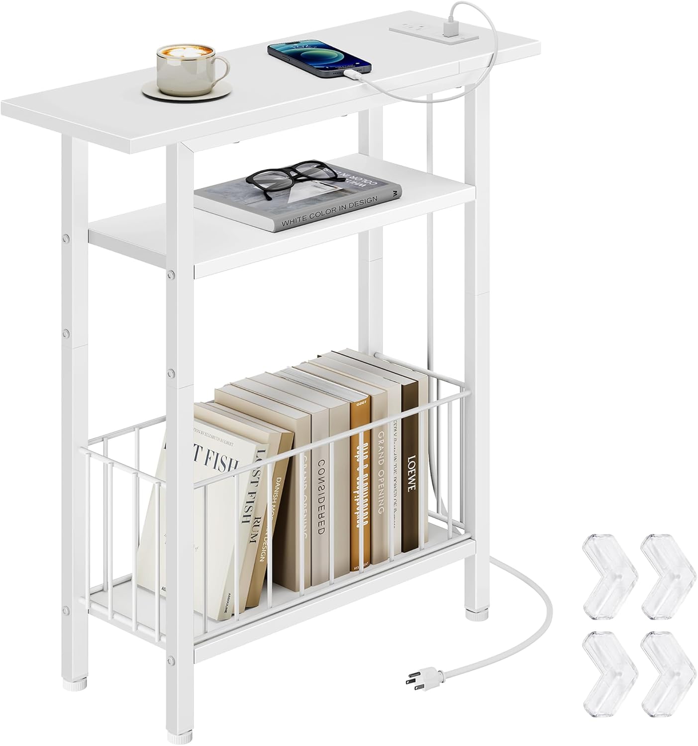 Vagusicc Narrow Side Table with Charging Station, Skinny Side End Table for Couch, 3-Tier Small End Tables for Small Spaces, 25.2" Tall Slim Nightstand Bedside Table for Living Room, Bedroom, White