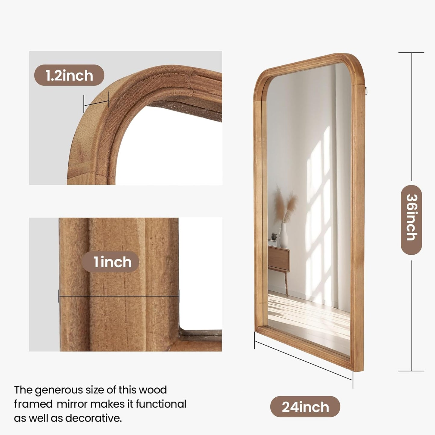 24"x36" Solid Wood Bathroom Mirror Tempered Glass for Wall Mounted, Rustic Wood Frame Wall Mirror Decorative for Bedroom Living Room Vanity Mirror Entryway Mirror, Brown