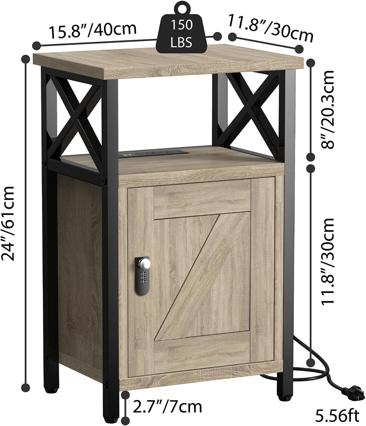Wooden Nightstand with Lock, Bed Side Table with Drawers, Bedside Table with Charging Station, 3 USB & 2 Outlets, Night Stand with Storage, End Tables for Living Room, Bedroom, Greige