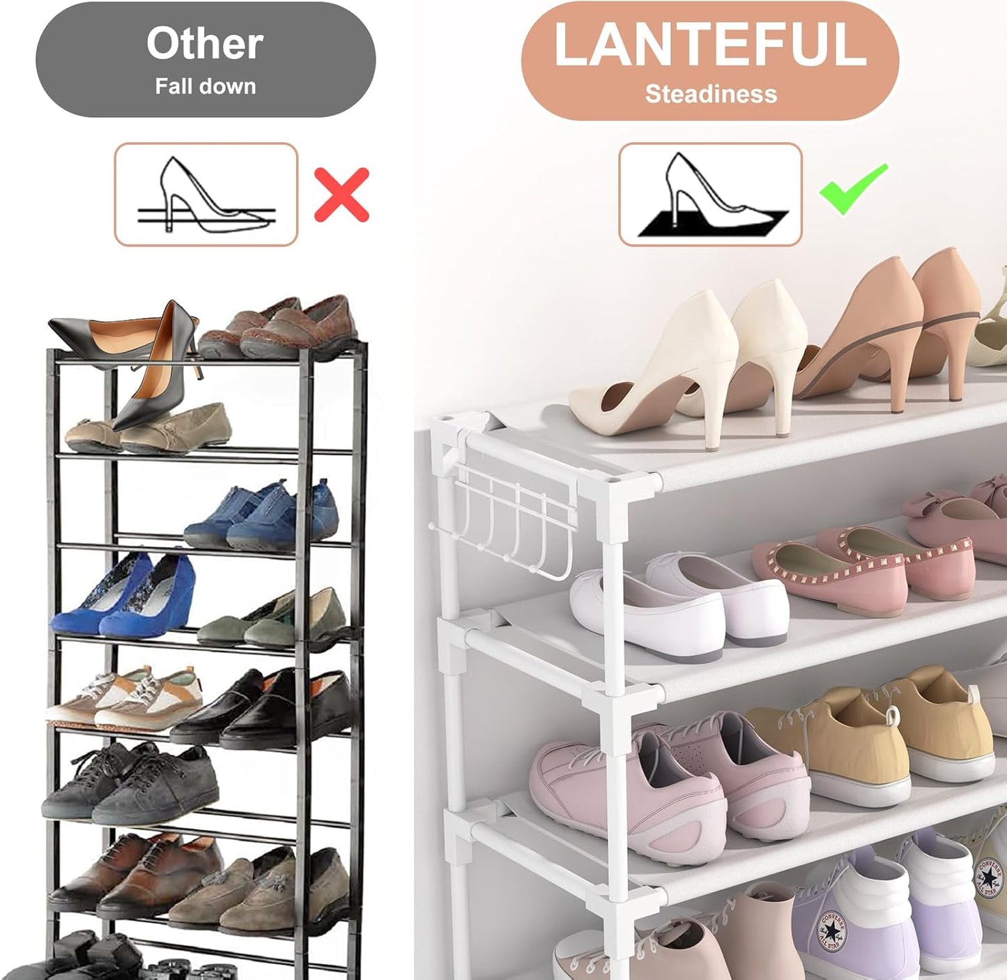 10 Tiers Shoe Rack 50 Pairs Large Capacity Tall Shoe Organizer Sturdy Shoe Storage with Two Hooks Space Saving Metal Wide Shoe Rack for Closet, Entryway, Bedroom, White