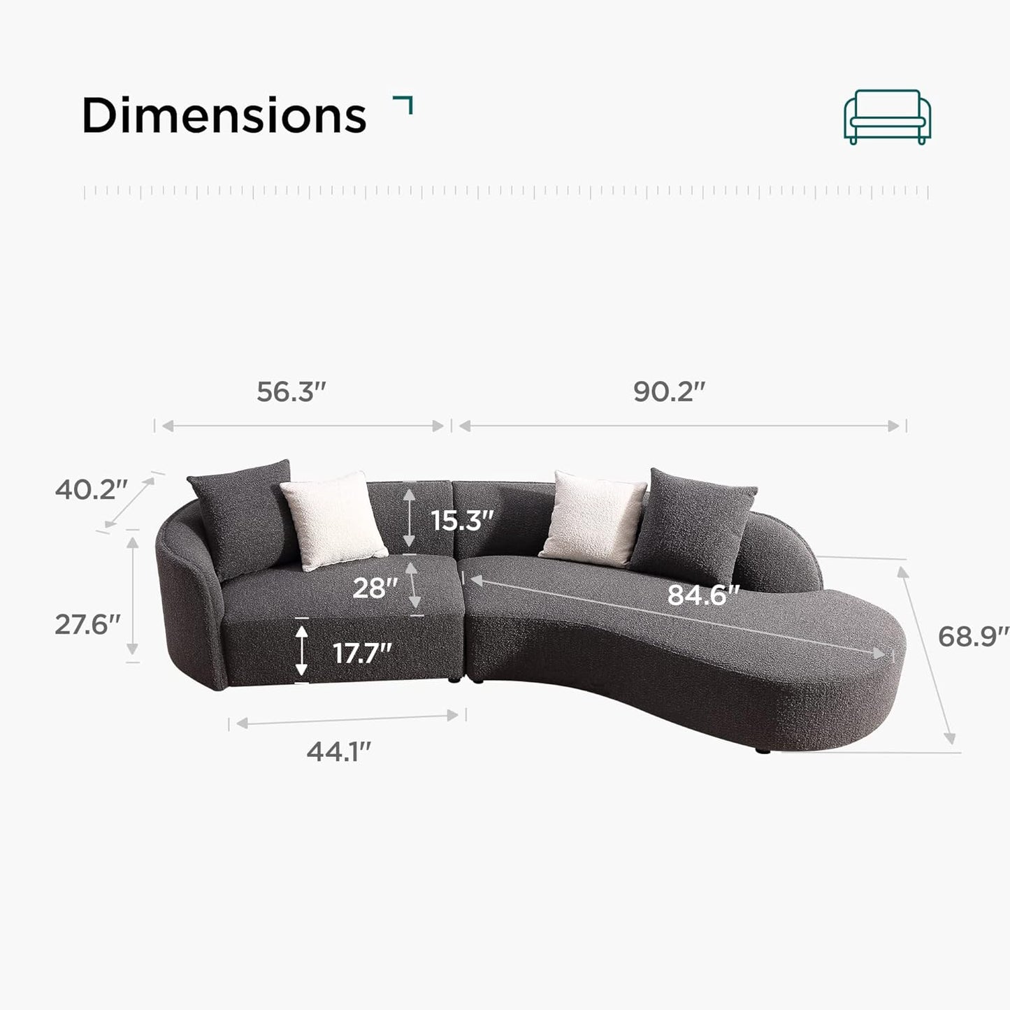Acanva Luxury Modern Style Living Room Upholstery Curved Sofa with Chaise 2-Piece Set, Right Hand Facing Sectional, Pearl Boucle Couch, Dark Grey