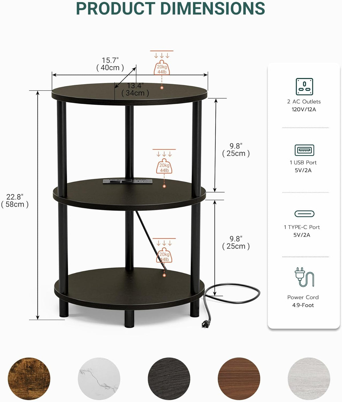 Small Round Side Table - 3-Tier Oval Accent Table for Small Spaces, Rustic Wood and Metal Nightstand for Living Room or Bedroom, Built-in USB Ports and Power Outlet, Charcoal Wenge