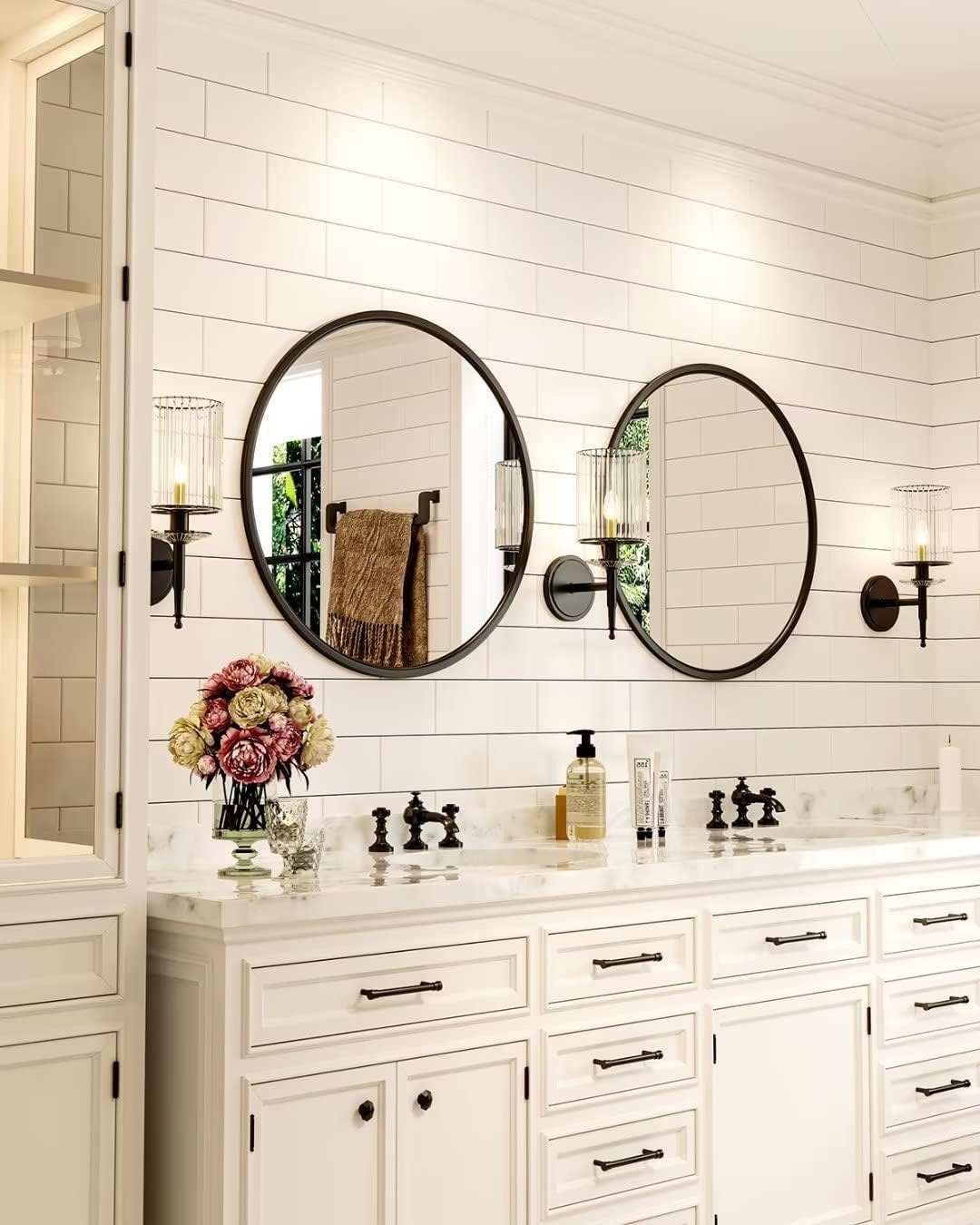 Growsun 24'' Black Round Mirror, Circle Wall Mirror for Bathroom Vanity, Entryway Living Room with Metal Frame for Home Decor