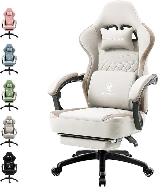 Dowinx Gaming Chair Breathable Fabric Game Chair with Gel Pad and Storage Bag, Comfortable Gamer Chair with Pocket Spring Cushion,Ergonomic Computer Chair with Footrest,Beige