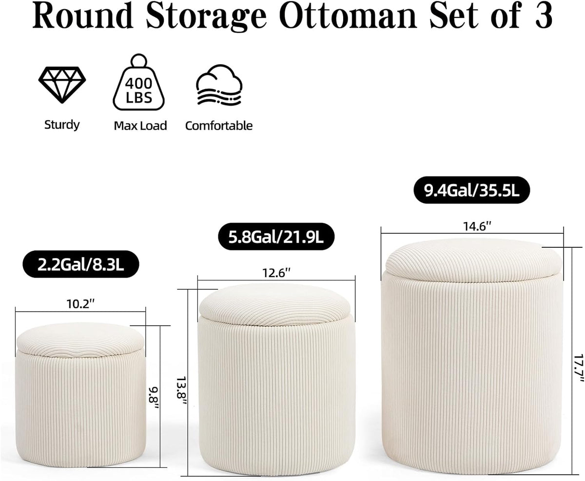 Round Set of 3 Ottoman with Storage-Upholstered Velvet Vanity Stool for Modern Multifunctional Coffee Table Padded Seat Foot Rest for Living Room and Bedroom (White)
