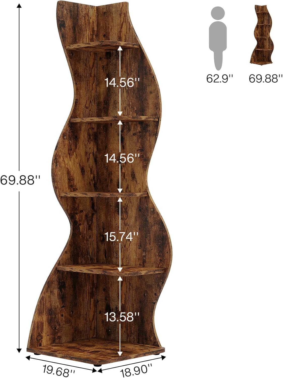 Tribesigns Corner Shelf, Rustic 5-Tier Wall Corner Bookshelf, Stylish Corner Small Bookcase Storage Rack Plant Stand with Unique Shape for Living Room, Home Office (2PCS, Brown)