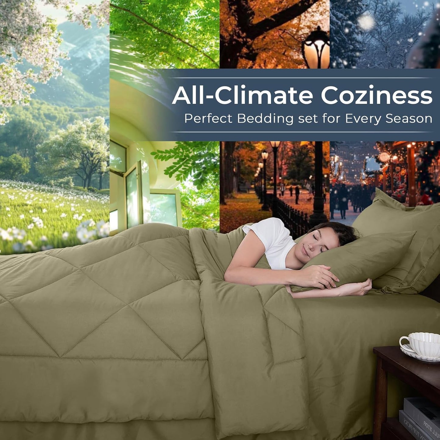 HEVUMYI Olive Green King Comforter Set - 7-Piece All Season Bed in a Bag King, Ultra Soft Bedding Set with Comforter, Flat Sheet, Fitted Sheet, Pillowcases, Pillow Shams, Olive Green