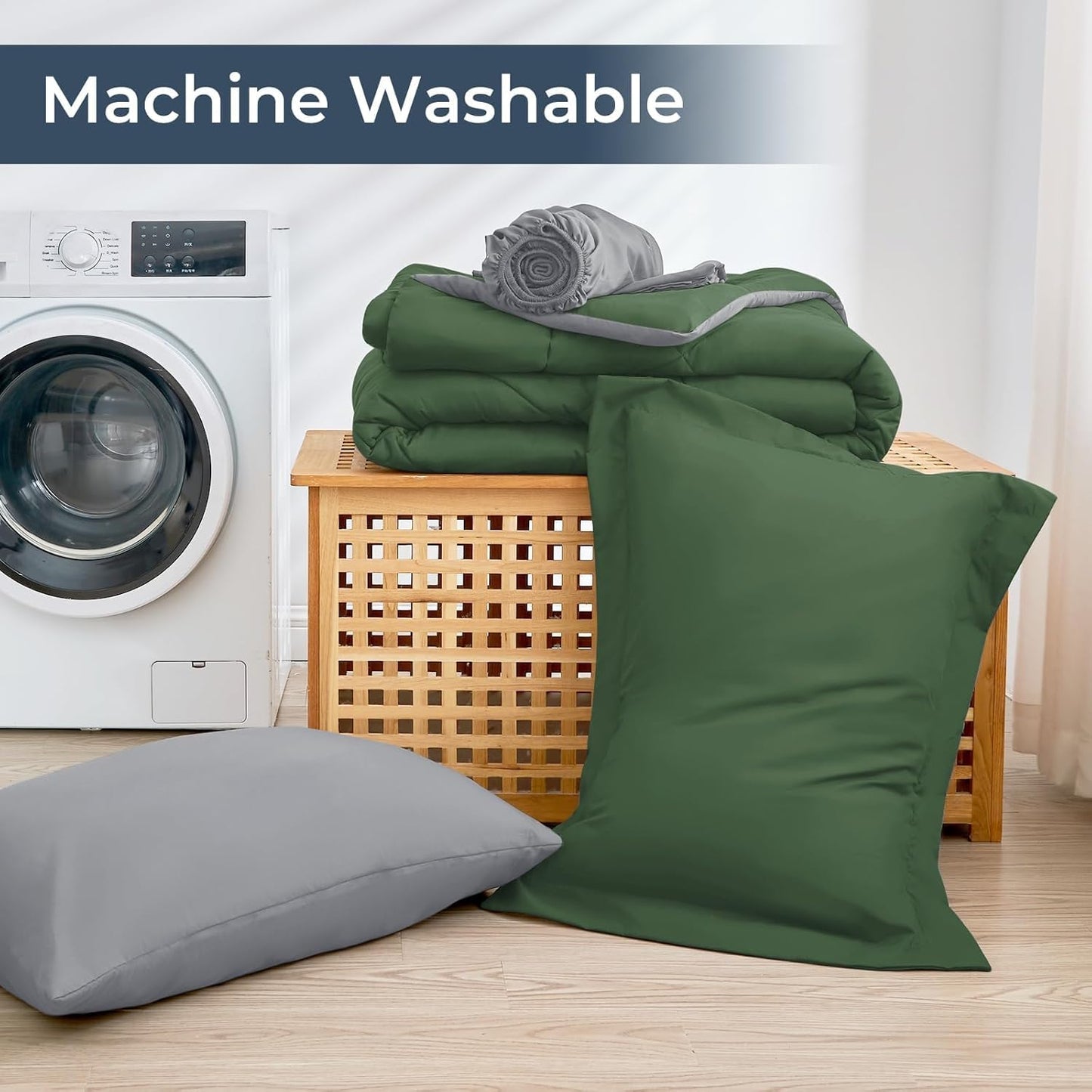 HEVUMYI Twin-XL Comforter Set - 5-Piece All Season Bed in a Bag Twin-XL, Ultra Soft Bedding Set with Comforter, Flat Sheet, Fitted Sheet, Pillowcases, Pillow Shams, Green & Light Grey