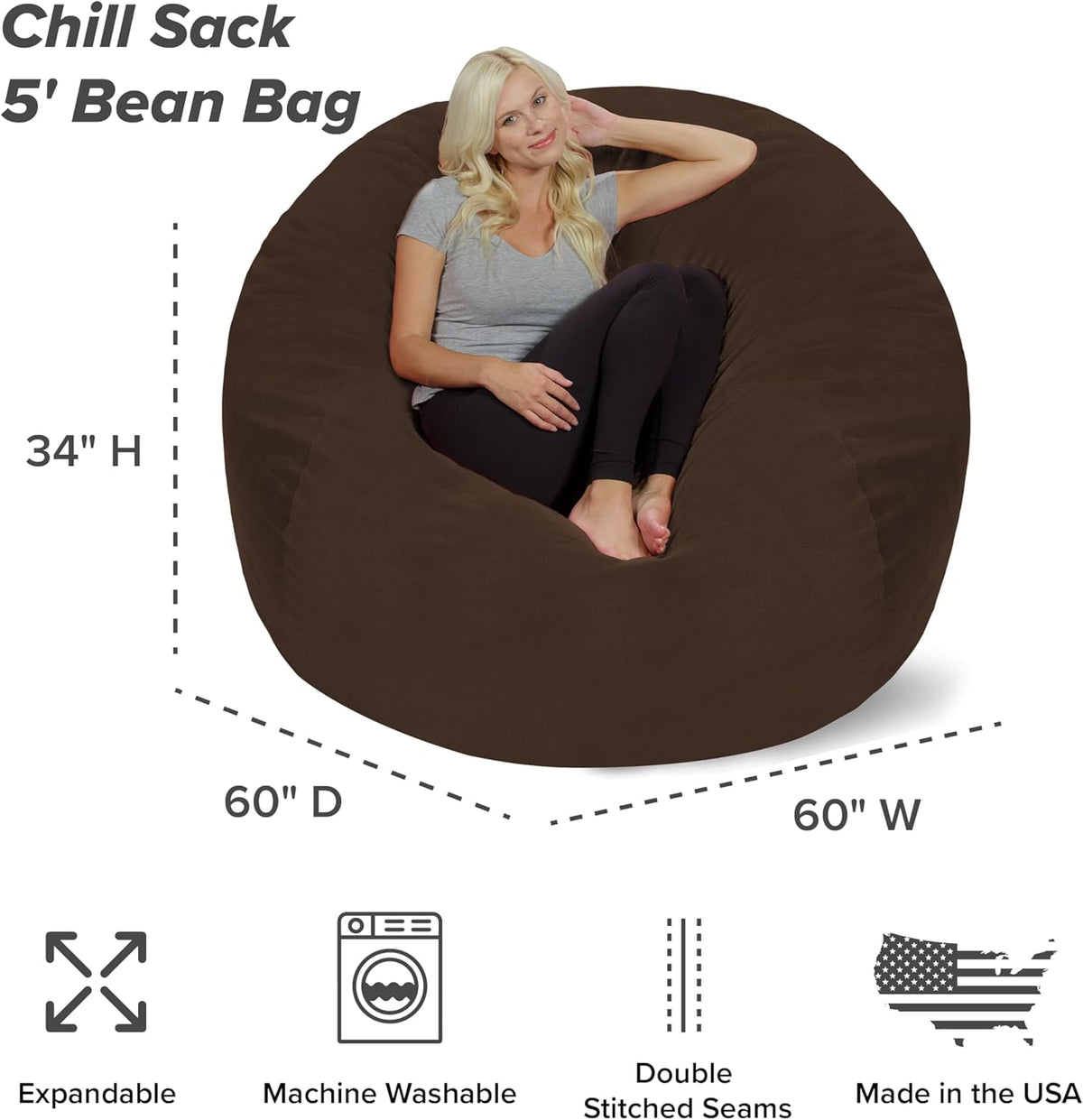 Chill Sack Bean Bag Chair - 5' Giant Memory Foam Lounge Chair with Soft Microfiber Cover – Cozy Furniture for Living Room, Dorm, & Kids' Rooms – Comfortable 5 Ft, Pebble Lounge Sofa, Brown