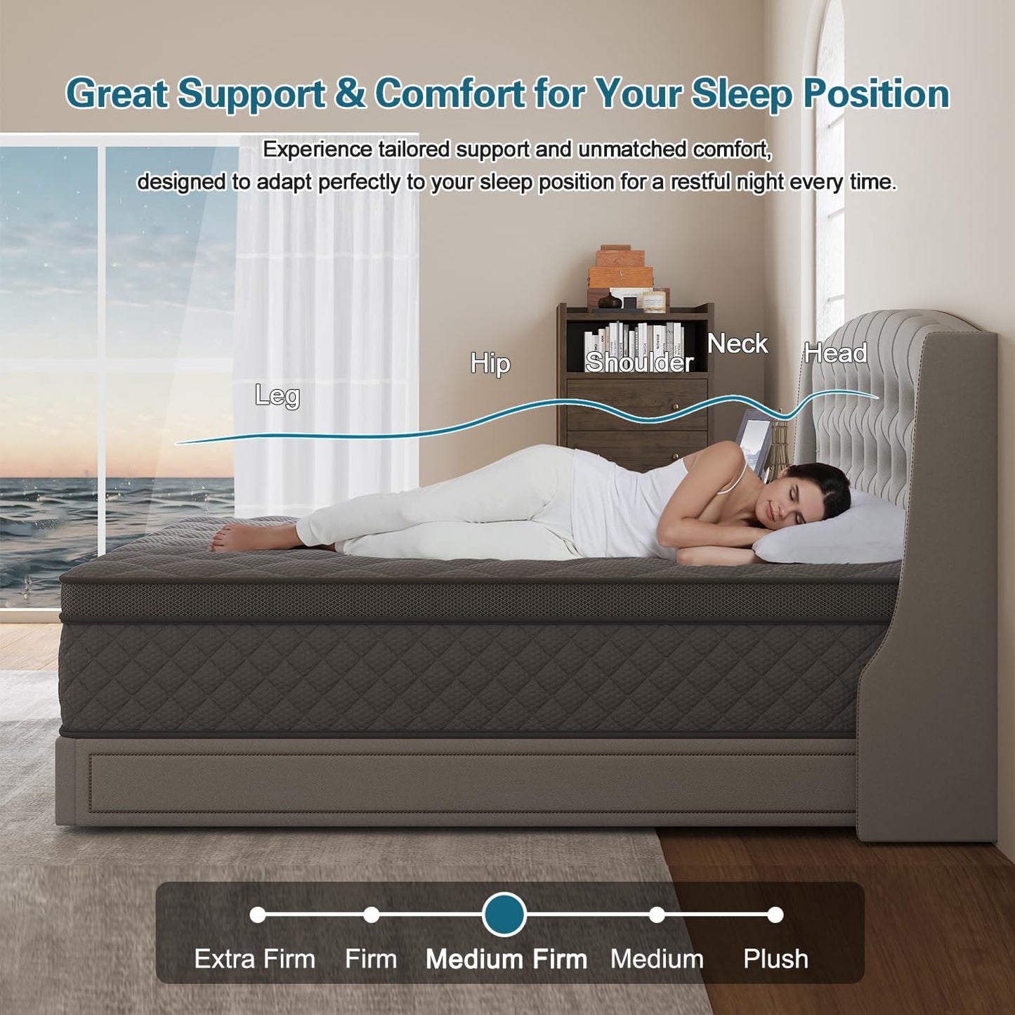 King Mattress, 14 Inch Hybrid Mattresses Grey Euro Top Medium Firm for Back & Lumbar Support, 100 Night Trial, Individual Pocket Spring Bed for Motion Isolation & Pressure Relief