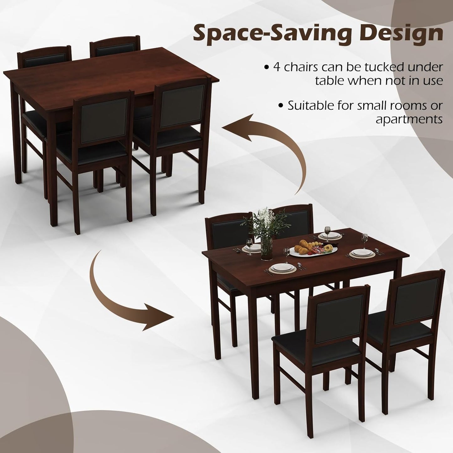 Giantex 5-Piece Dining Table Set for 4 - Breakfast Nook Table Set with Kitchen Table, 4 Upholstered Chairs, Wood Legs, Space-Saving Dinette Set, Kitchen Table Chairs Set of 4 (Cherry Brown)