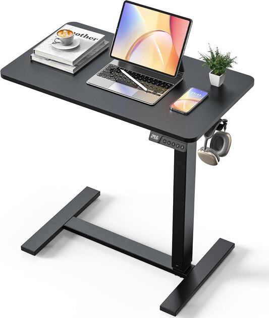 Electric Adjustable Height Standing Desk - Small Sit Stand Portable Rolling Laptop Table with Hidden Wheels, Small Computer Workstation for Bedside & Home Office Use (28"x16", Black)