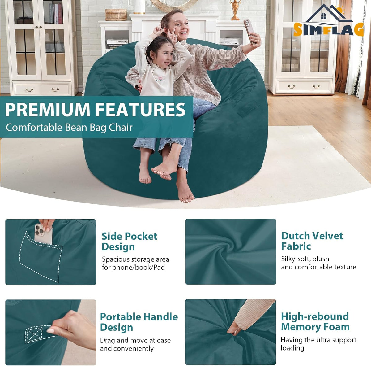 3FT Bean Bag Chair, Comfy Bean Bag Chairs with Memory Foam Filled, Fluffy Beanbag Sofa with Dutch Velvet Cover, Round BeanBag Chairs for Living Room, Playroom - Sea Blue