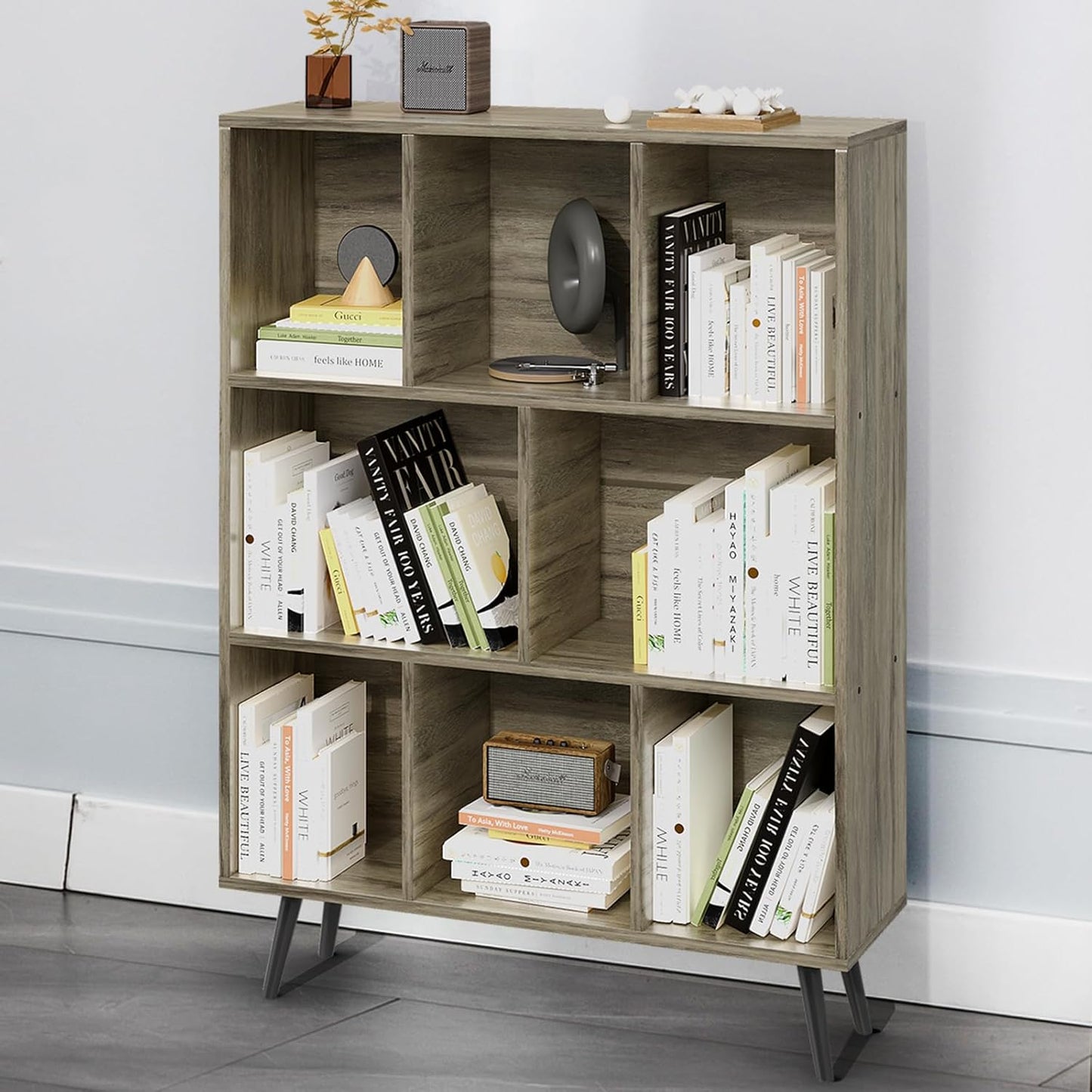 Bookshelf, 3-Tier 8 Cube Open Wooden Book Shelf with Legs, Floor Standing Office Bookcase, Wooden Bookcase for Office Furniture, Cubby Storage Organizer for Living Room/Bedroom