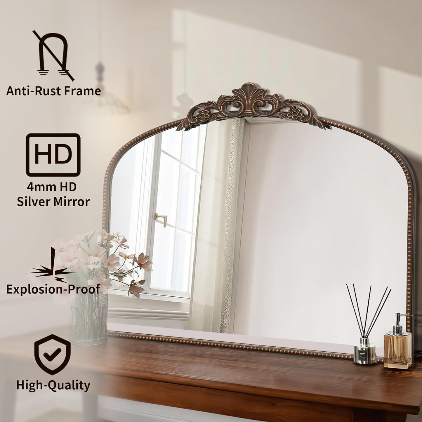 Micasso Bronze Vintage Arched Mirror: 29x36 in French Baroque Antique Wall Mounted Mirror - Traditional Ornate Decorative Mirror for Mantle/Fireplace/Living Room/Bedroom/Entryway/Hallway/Wall Decor