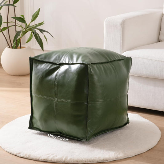 Unstuffed Pouf Cover (Only Cover, No Filler), 17.7" Faux Leather Poofy Ottoman Cover, Square Footstool For Storage Living Room Decoration Foot Rest, Footrest for Bedroom Balcony Office Chair, Green