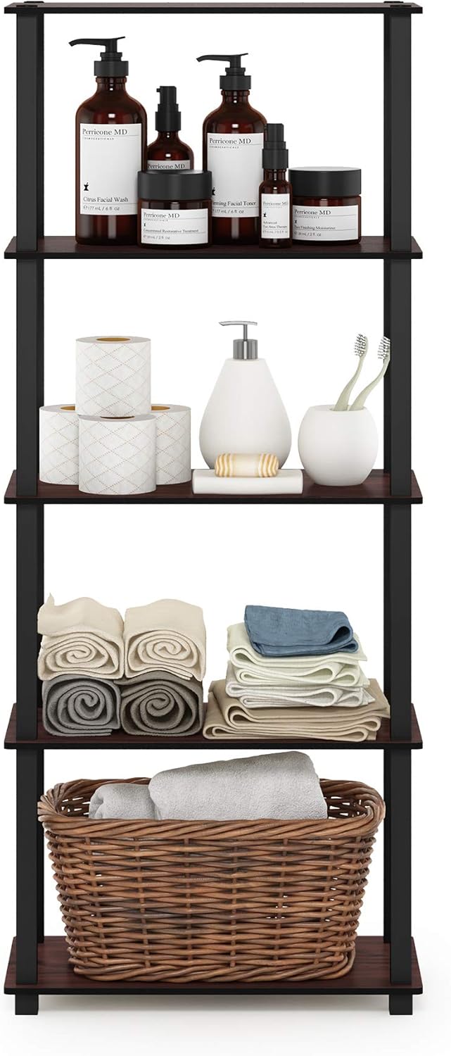 Furinno Turn-N-Tube 5-Tier Multipurpose Shelf / Display Rack / Storage Shelf / Bookshelf, Square Tubes, Dark Cherry/Black
