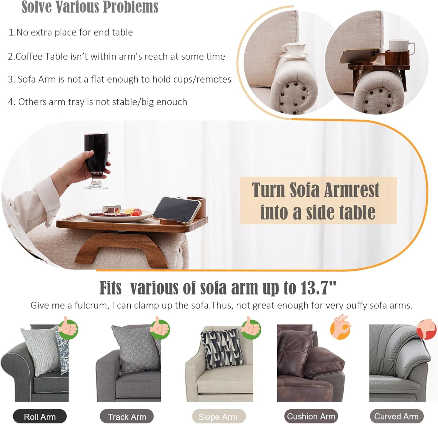 Nnewvante Couch Cup Holder Tray, 3 in 1 Large 15.36"x9.85" Acacia Wood Sofa Arm Clip on Tray Table with 360°Rotated Phone Holder on Armrest