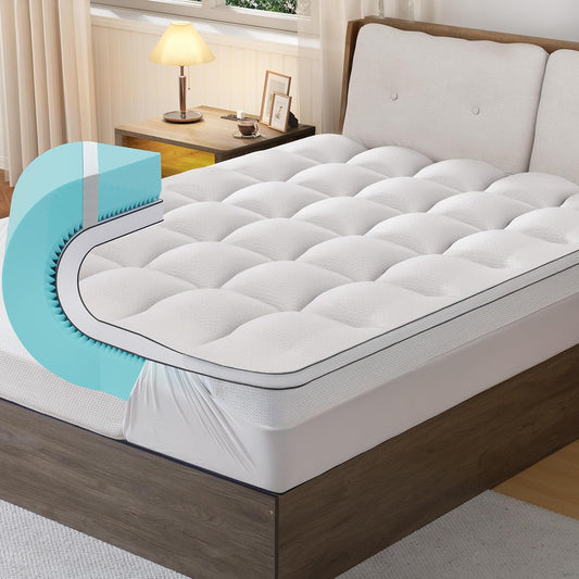 4 Inch Memory Foam Mattress Topper Queen Size - Dual Layer 3 Inch Cooling Gel Memory Pad and 1 Inch Pillow Top Mattress Cover for Back Pain - 60" x 80" x 4"